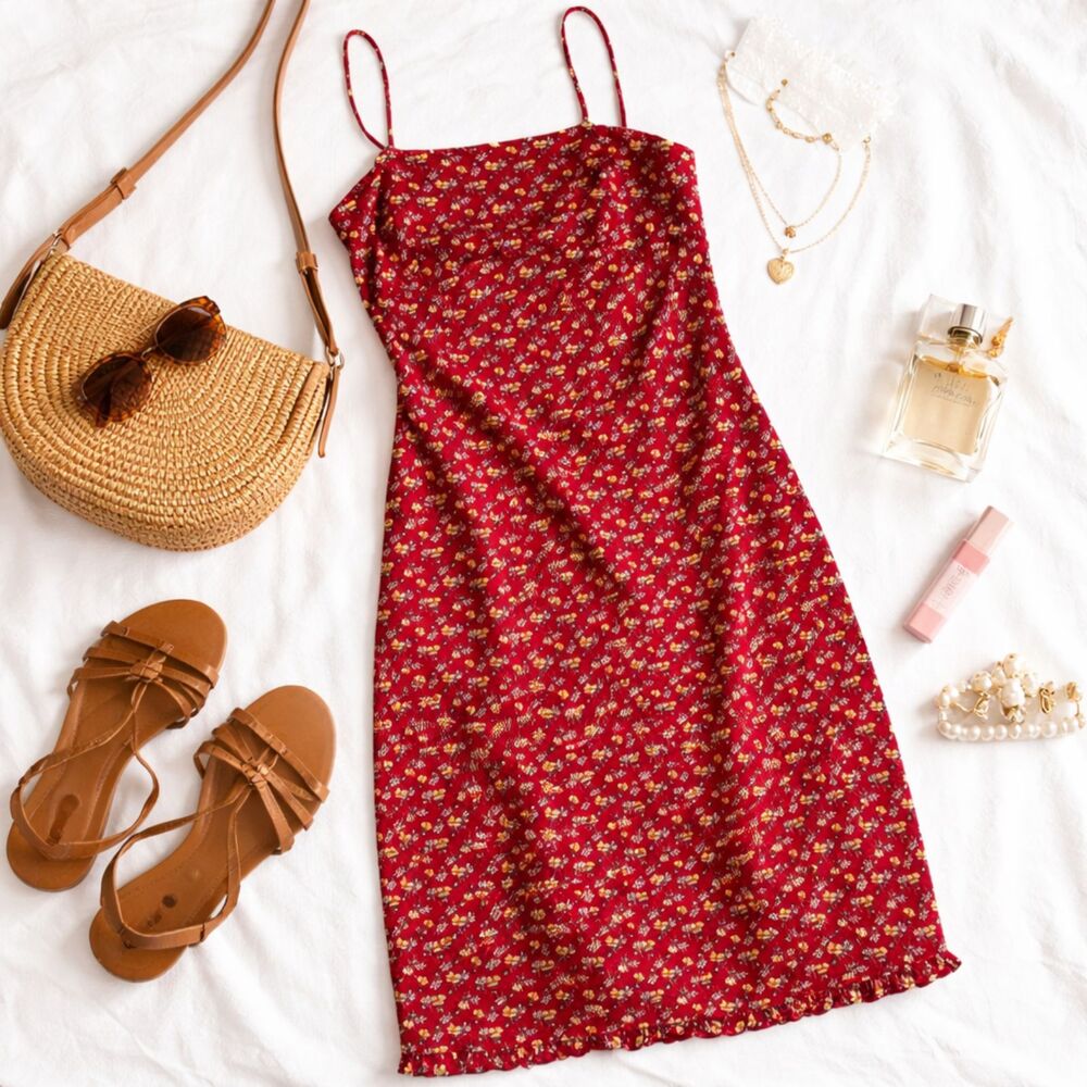 90s VTG Ditsy Floral Sheath Midi Dress, Ruffle, Square Neck, sz S, 90s Cool Girl